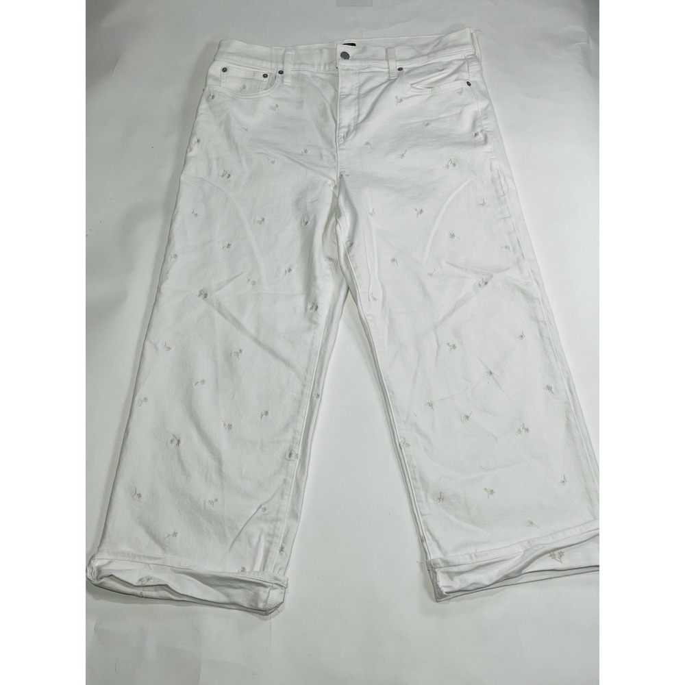 J. Crew Wide-leg Embroidered Flowers Cropped Jean in‎ Ivory Denim Sz 34T EUC